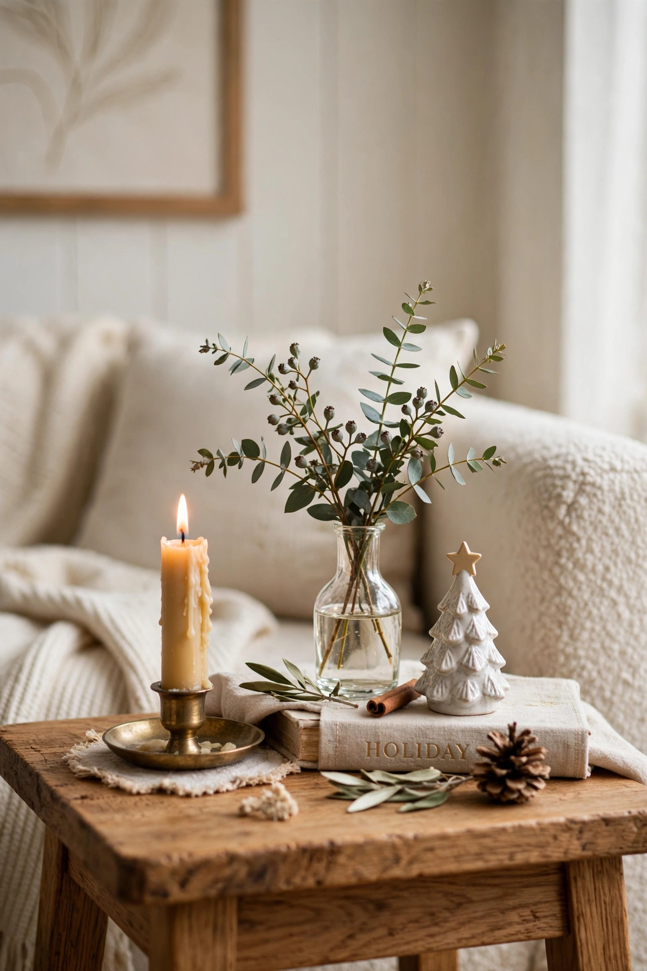 christmas side table candle vignette