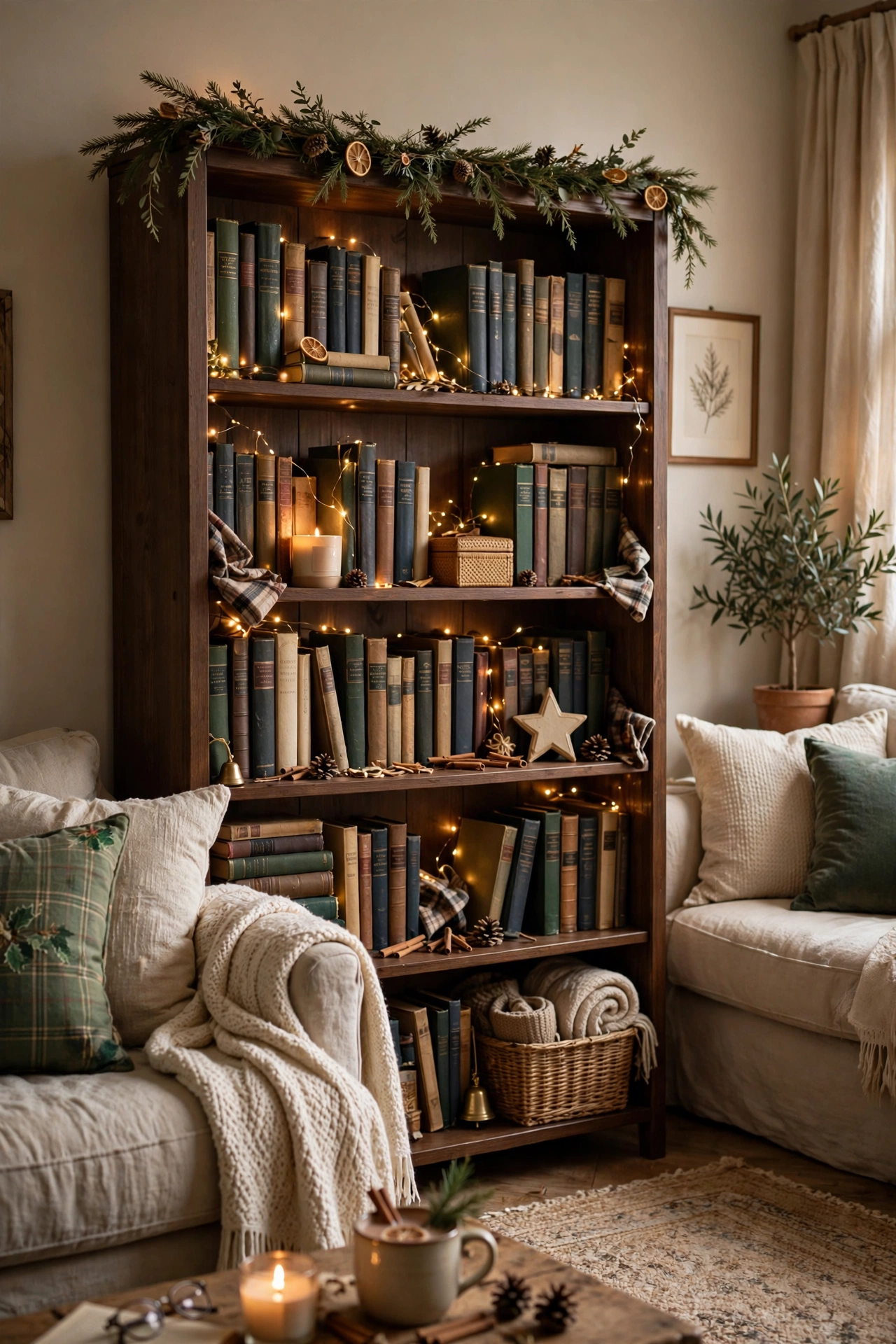 christmas bookshelf styling garland
