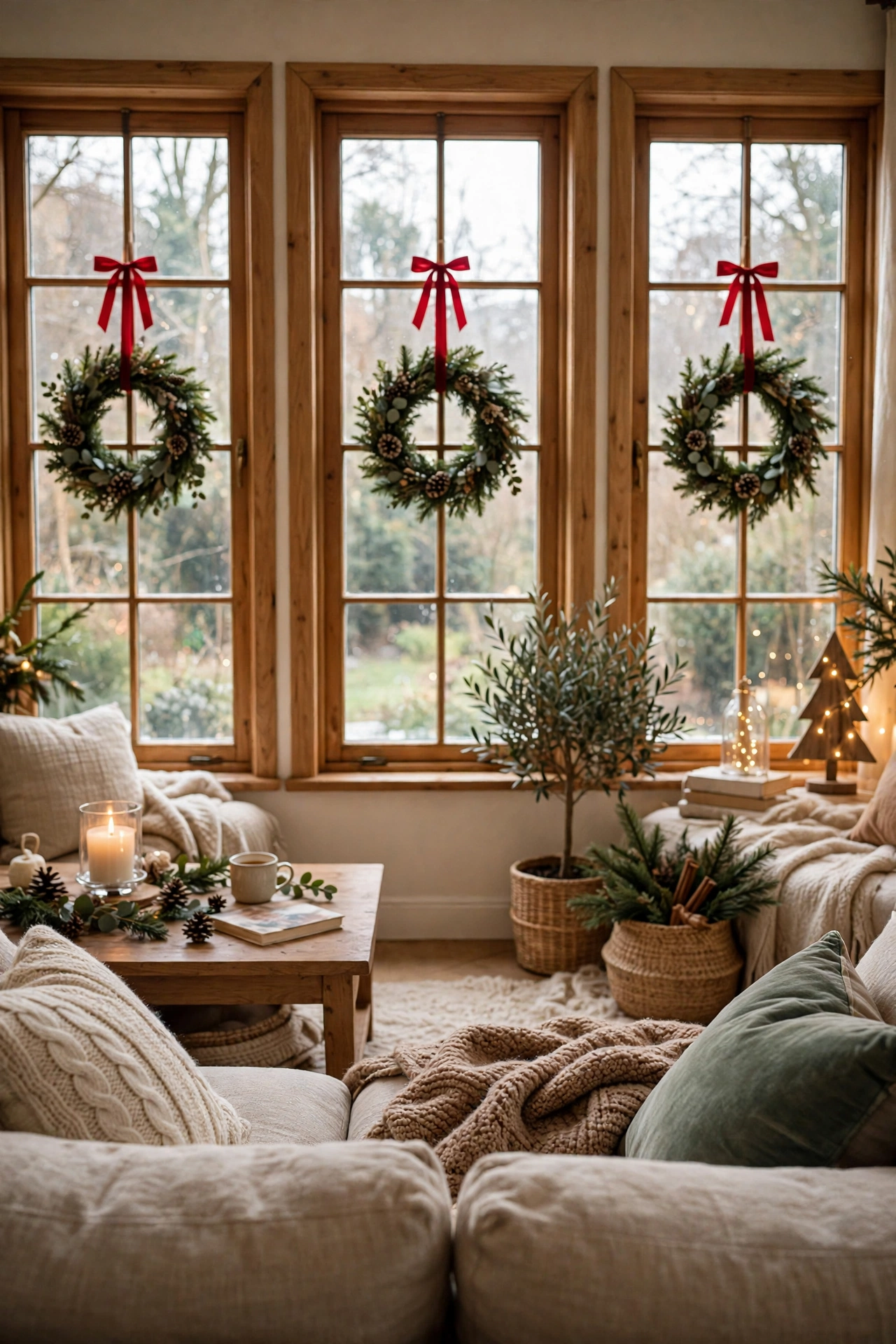 christmas window wreaths living room interior