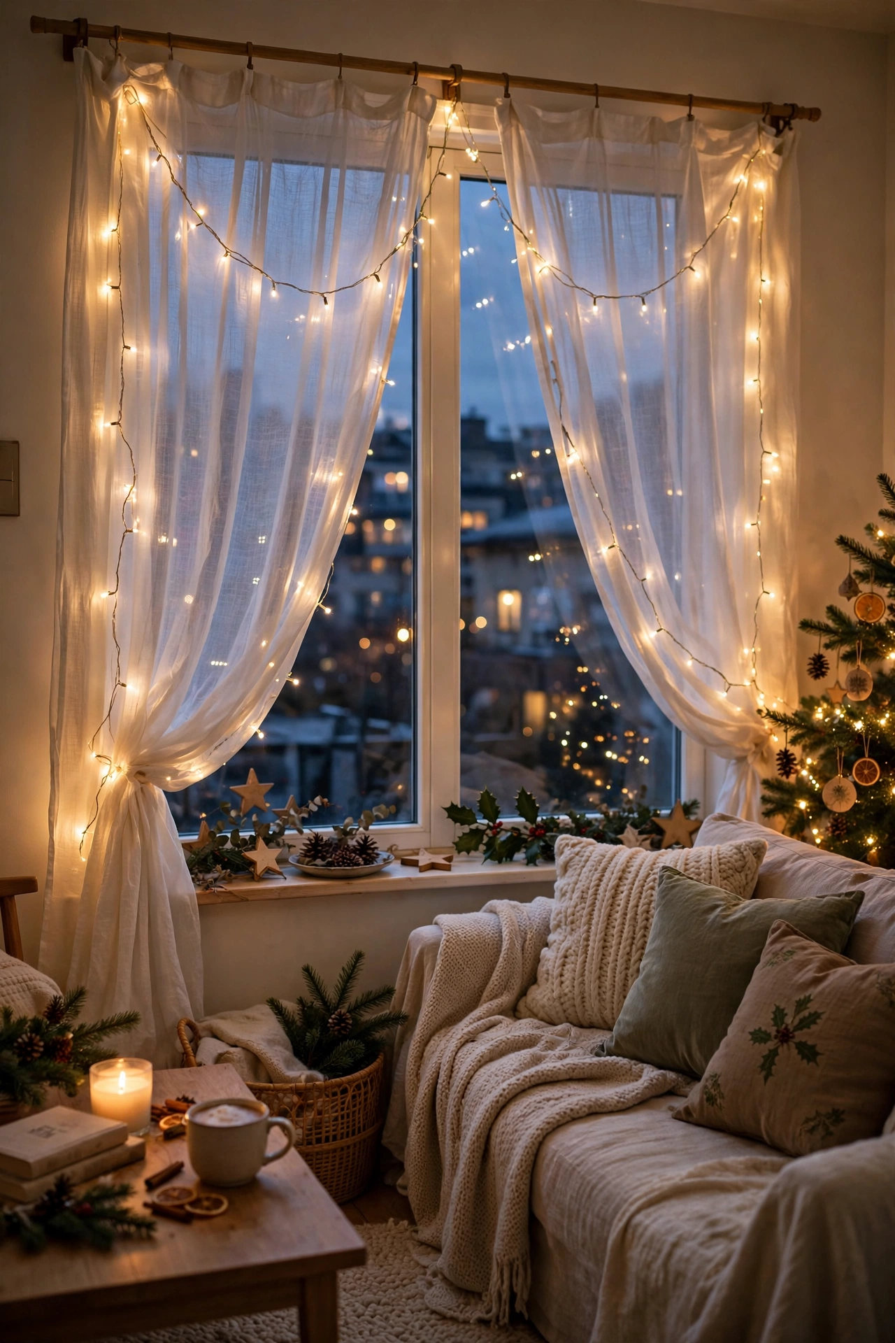 christmas fairy lights curtains living room