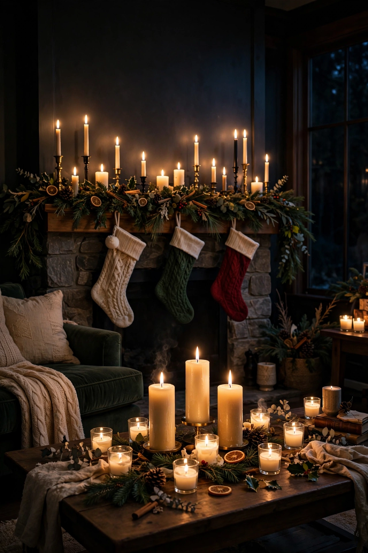 christmas candles coffee table evening glow