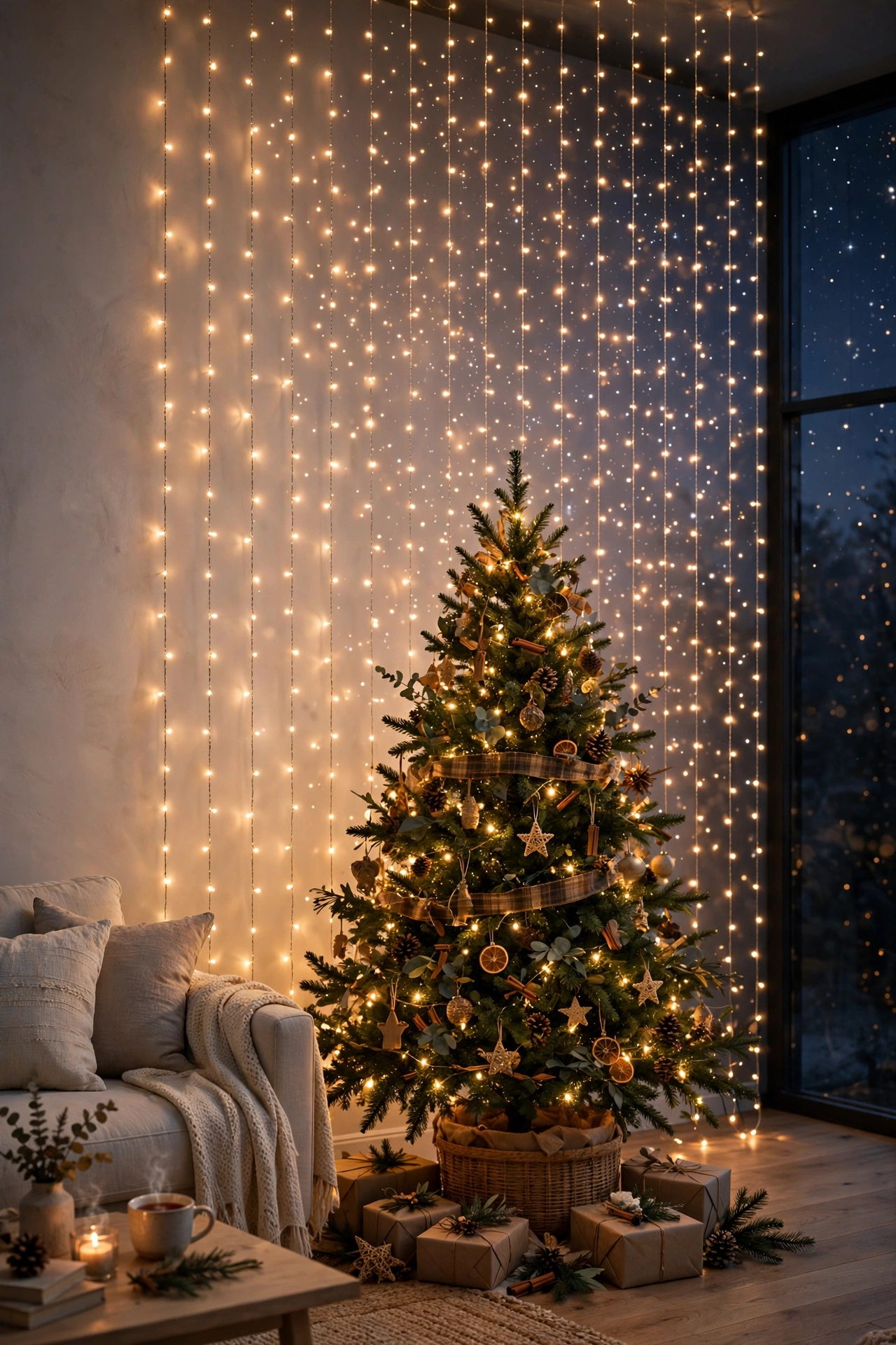 christmas string lights living room wall