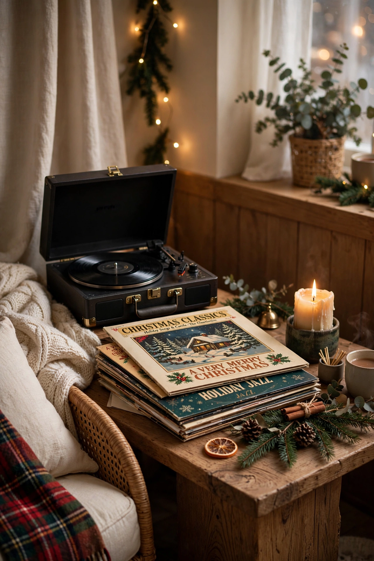 christmas music corner record player living room