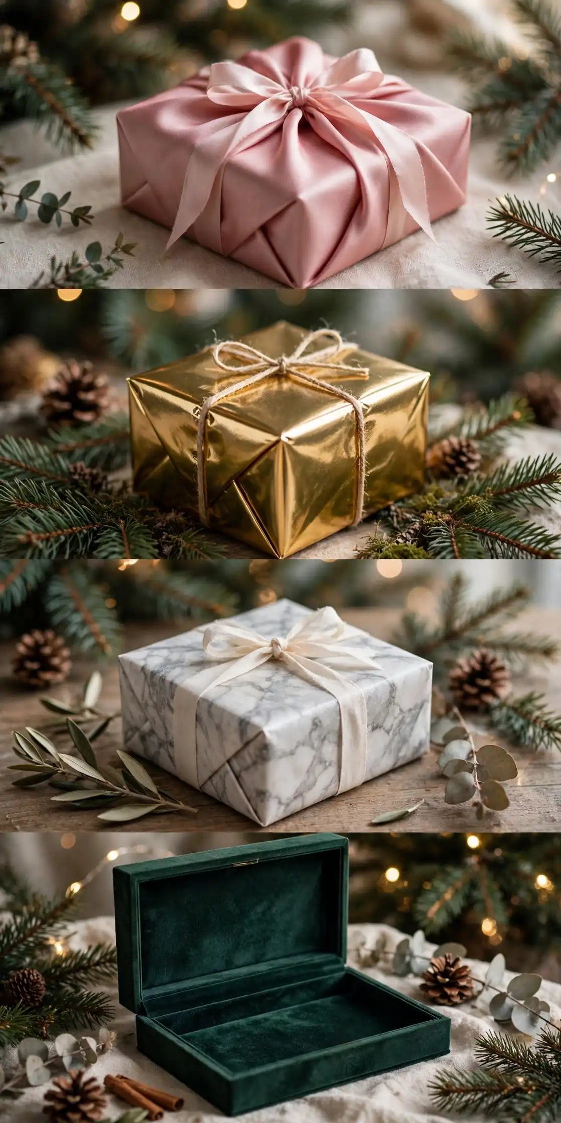 luxury christmas gift wrapping collage of silk wrapped gift, gold foil box, marble paper gift and velvet lined box