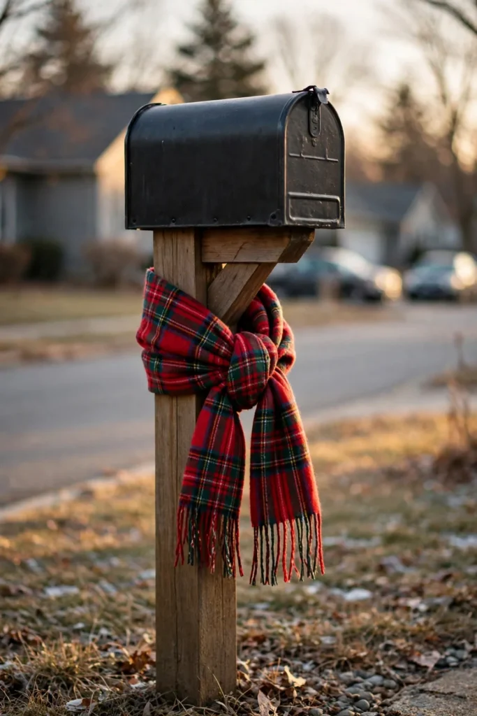 plaid scarf wrapped mailbox post christmas