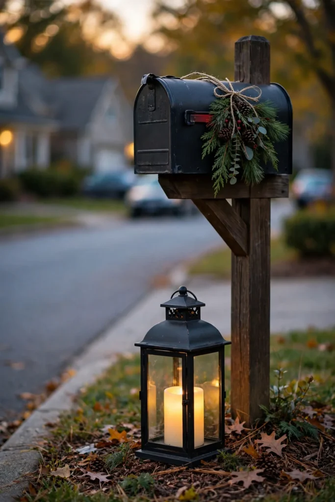 lantern at base of mailbox post christmas evening