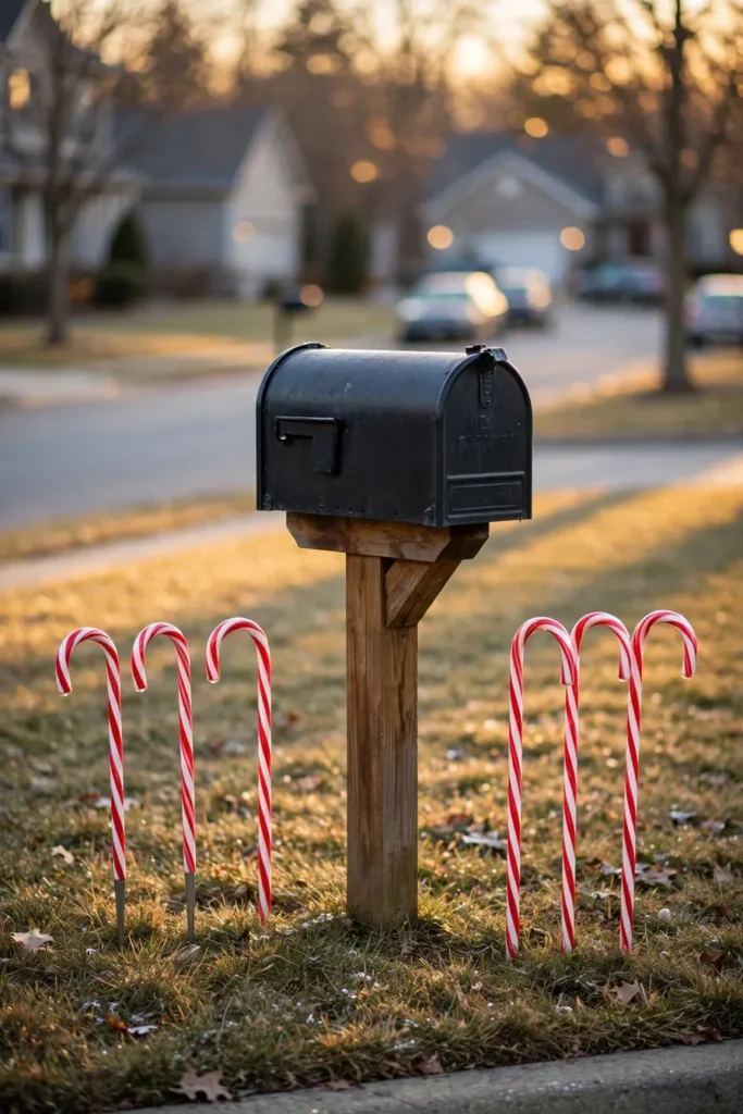 candy cane stakes flanking mailbox post christmas