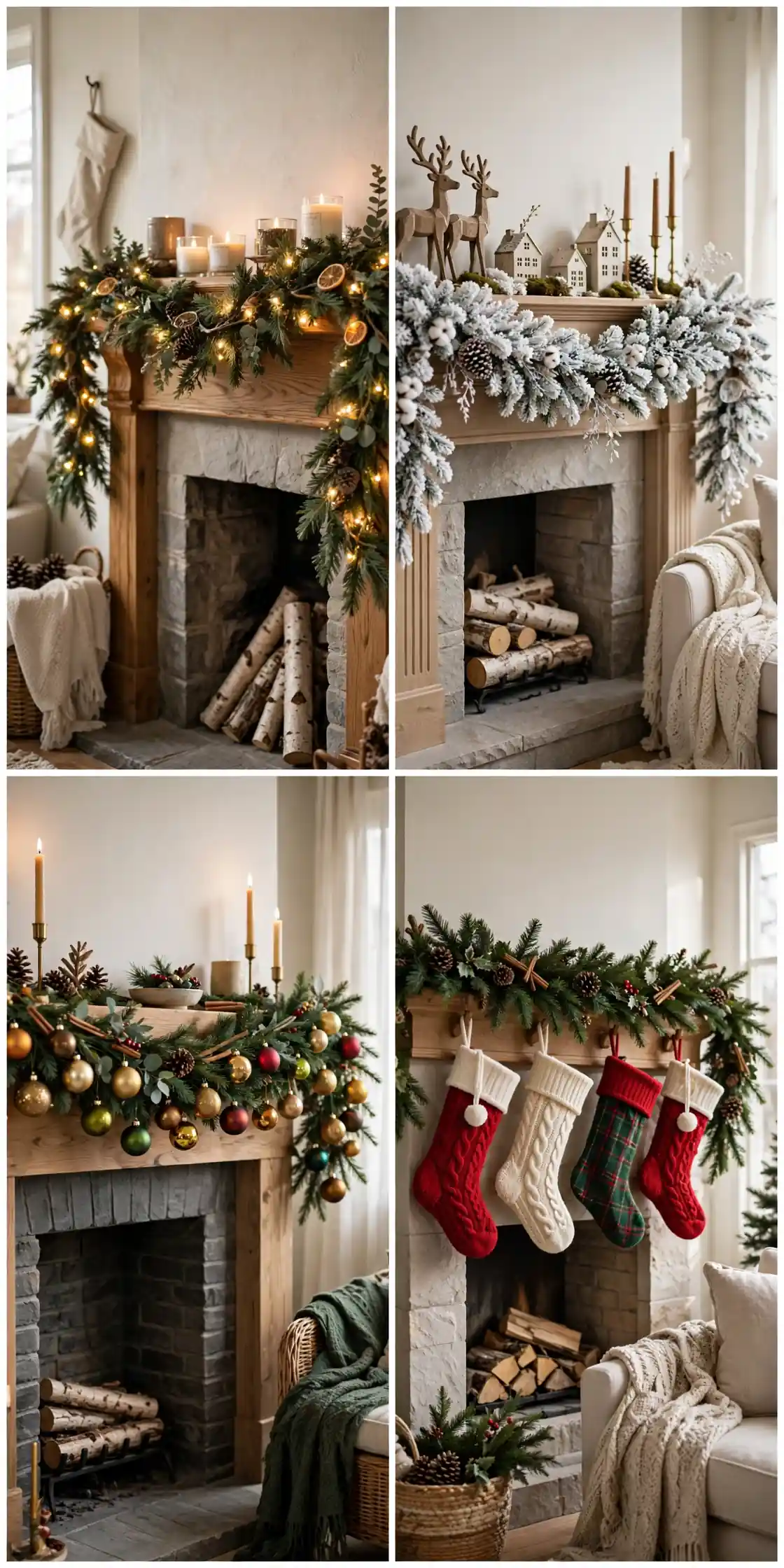 mantel christmas garland collage of prelit mantel garland, flocked mantel garland, bauble mantel garland and stocking mantel garland