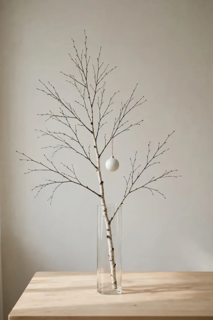 minimalist christmas ornament single white bauble bare branch