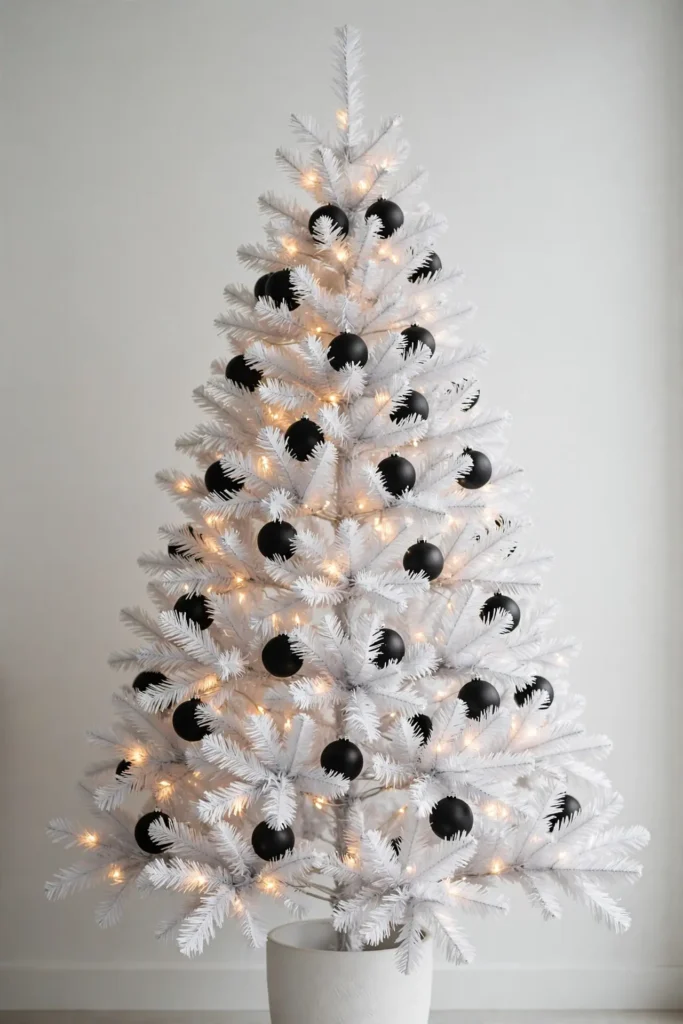 minimal christmas tree decor black matte baubles white tree