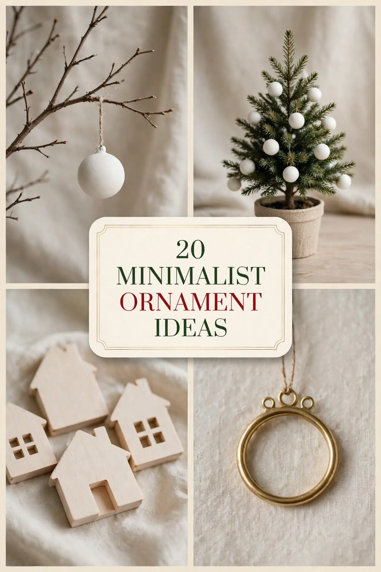 minimalist christmas ornament ideas collage of bare branch, white baubles, wood ornaments and brass ring