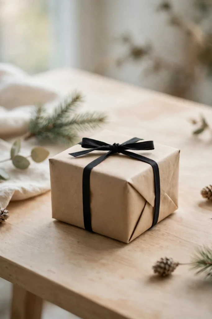 minimalist christmas gift wrapping kraft paper black ribbon