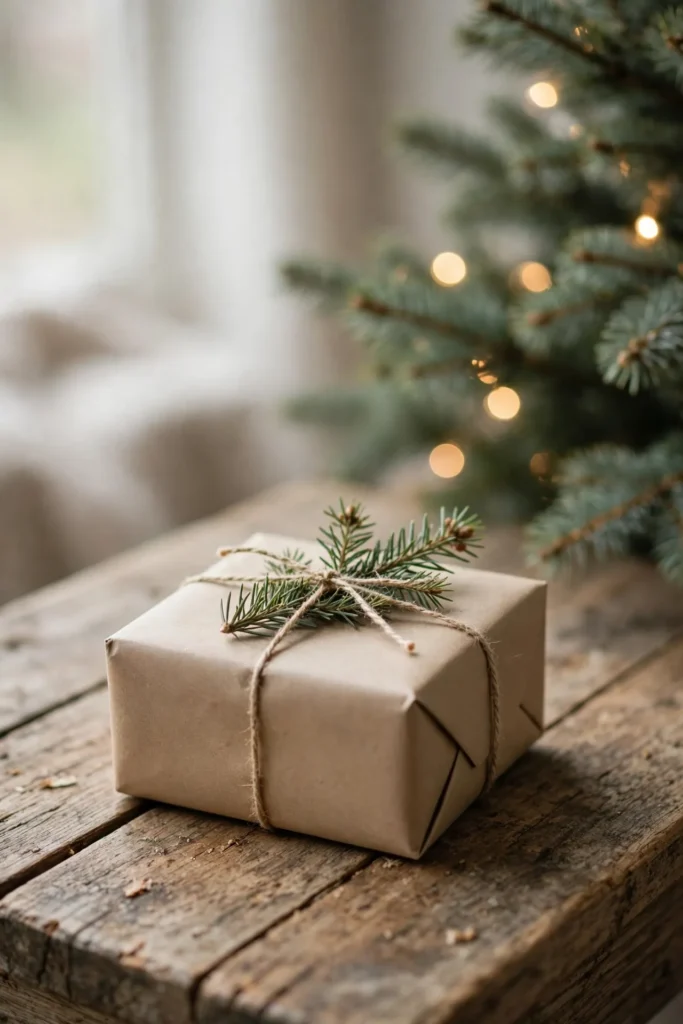 minimalist christmas wrapping brown paper fir sprig