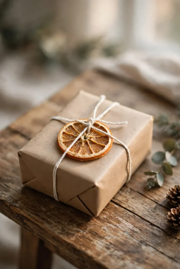 minimalist christmas gift wrapping brown paper dried orange twine