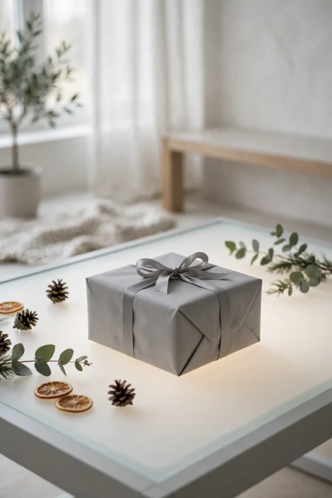 minimalist christmas wrapping paper soft grey gift ribbon