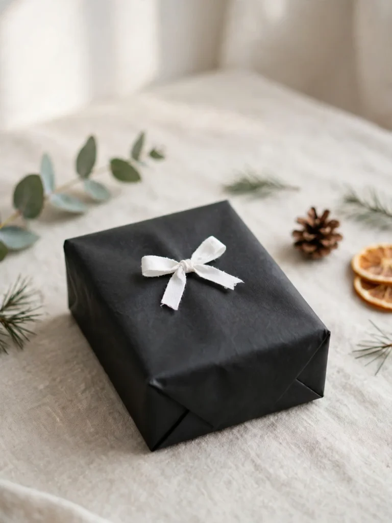 minimalist christmas gift wrapping black paper white bow
