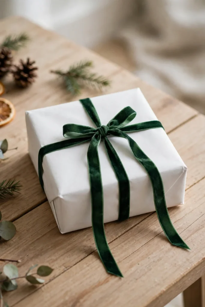 minimalist christmas gift wrapping velvet ribbon deep green