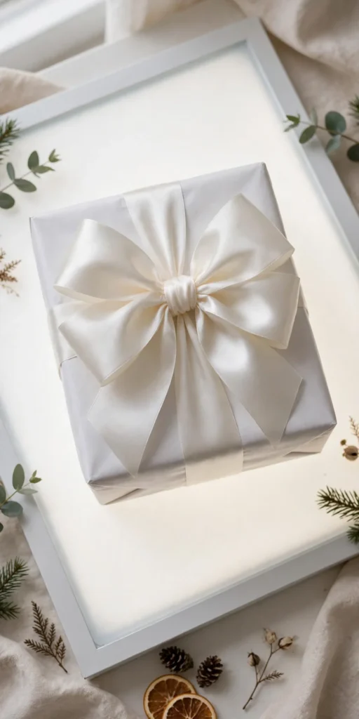minimalist christmas wrapping oversized satin bow white paper