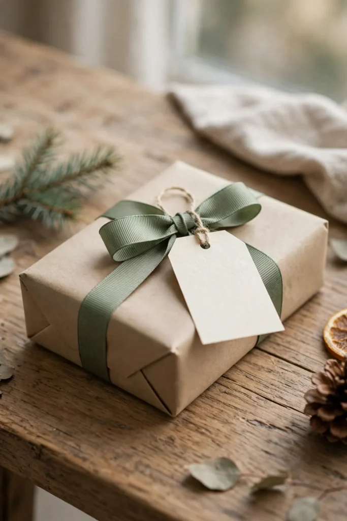 minimalist christmas gift wrapping grosgrain ribbon handwritten tag