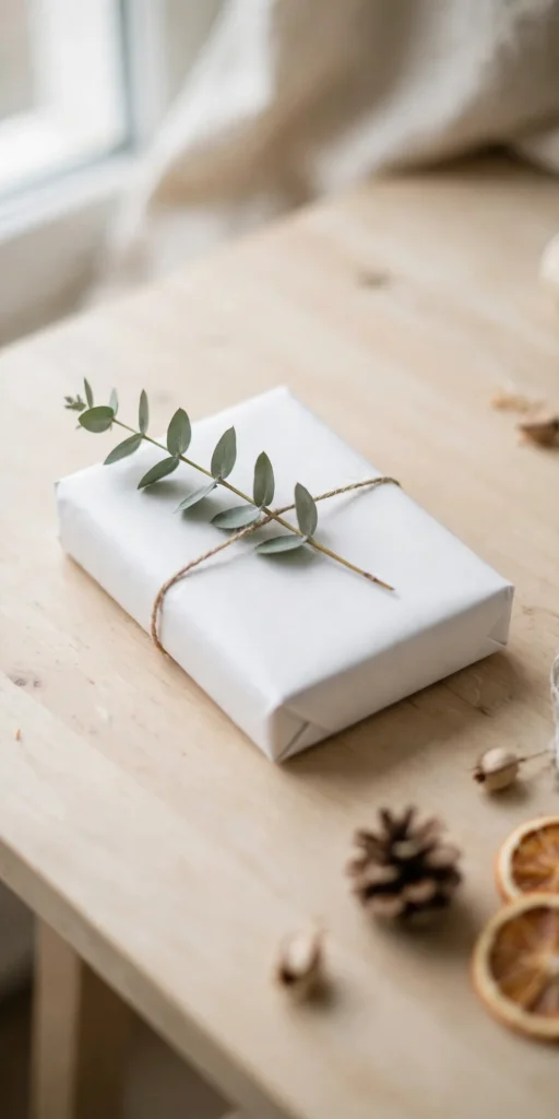minimalist christmas wrapping eucalyptus sprig white paper