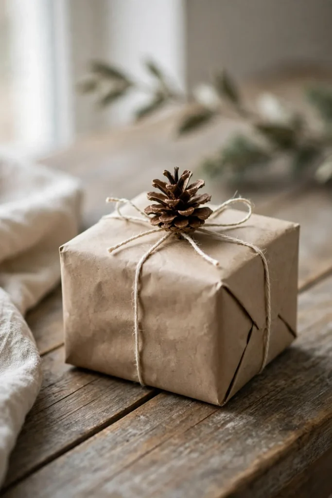 minimalist christmas gift wrapping pinecone kraft paper