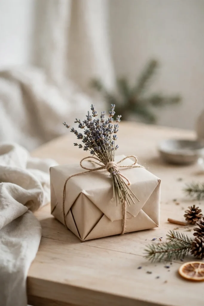 minimalist christmas wrapping dried lavender string gift