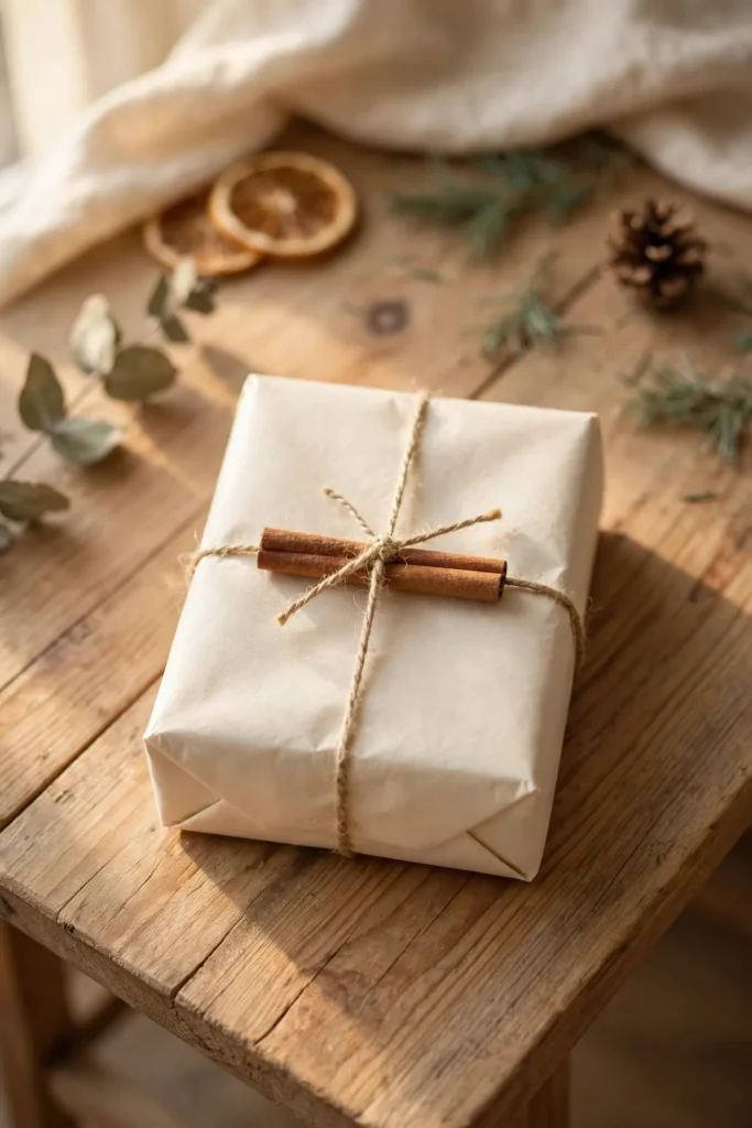 minimalist christmas gift wrapping cinnamon stick twine cream