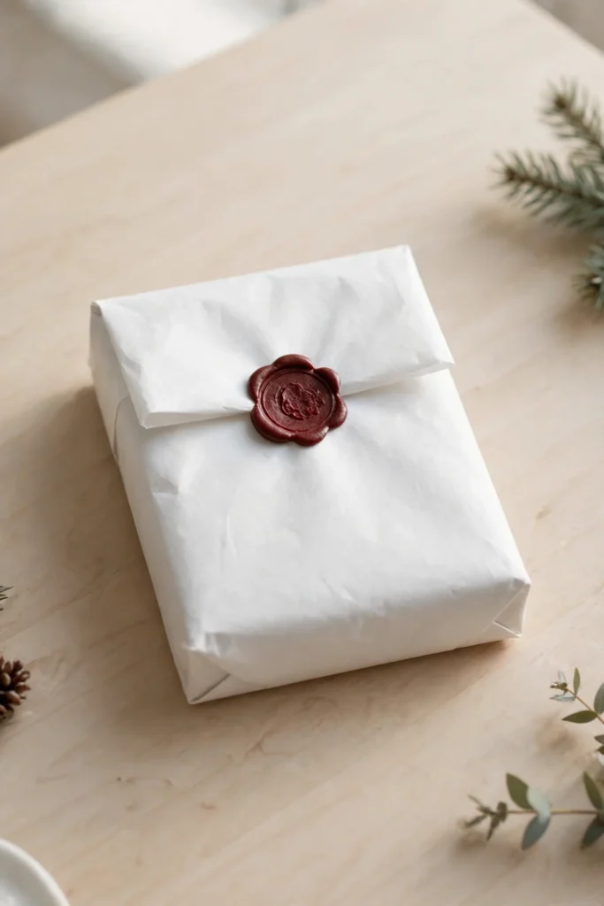 minimalist christmas wrapping wax seal white paper gift