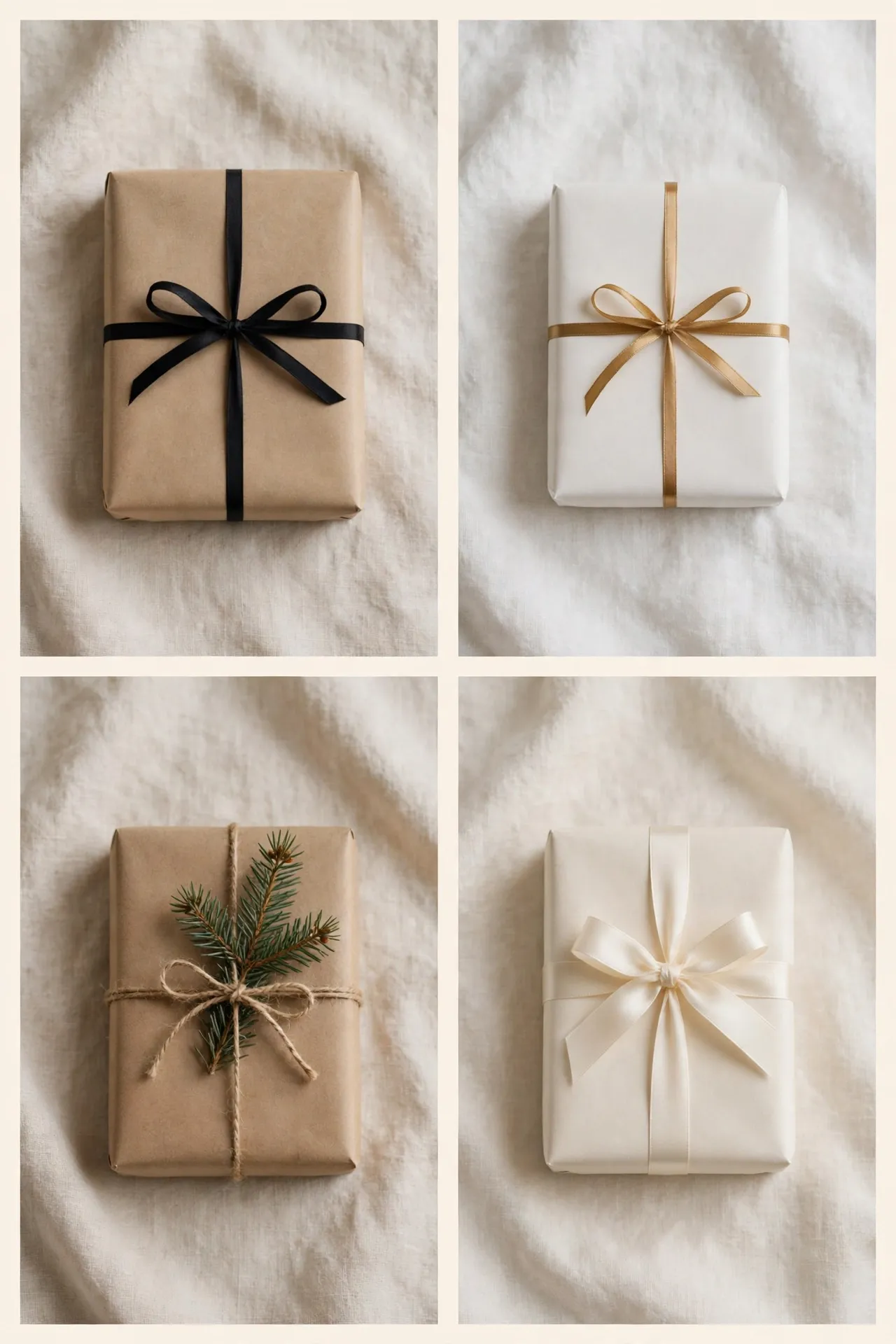 minimalist christmas gift wrapping ideas collage of kraft paper gifts, white ribbon, fir sprig and gold ribbon