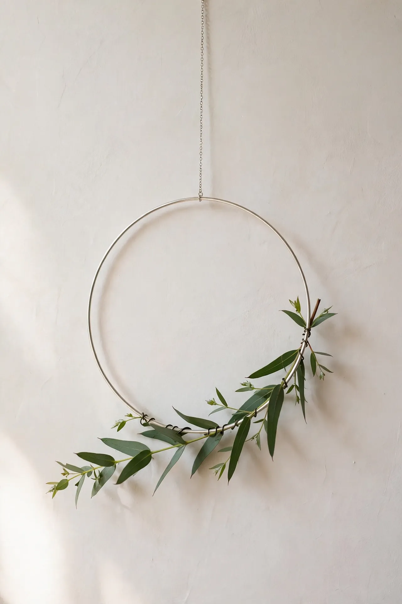 minimalist christmas wreath single eucalyptus stem metal ring