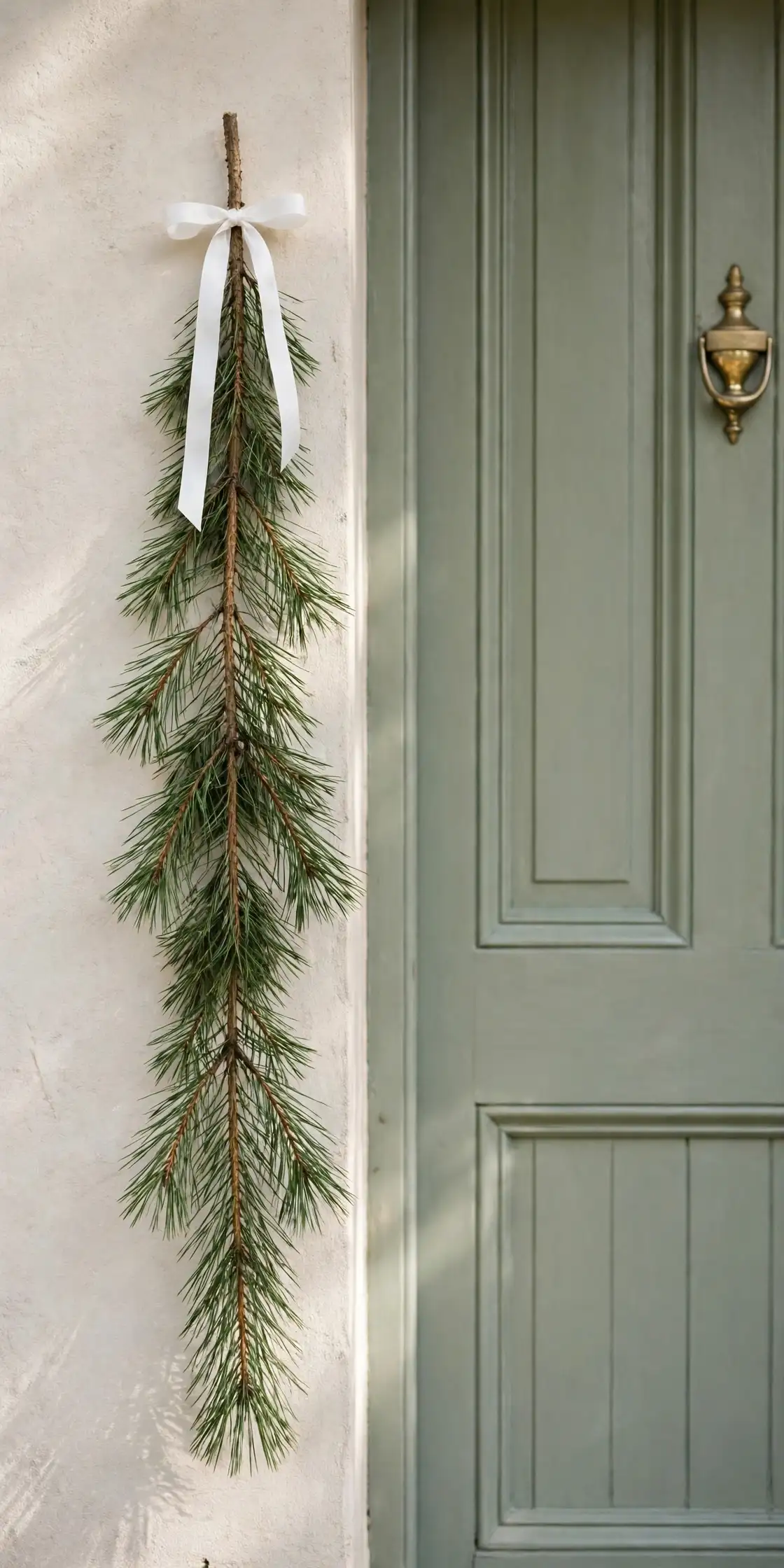 minimalist christmas wreath single pine sprig white ribbon