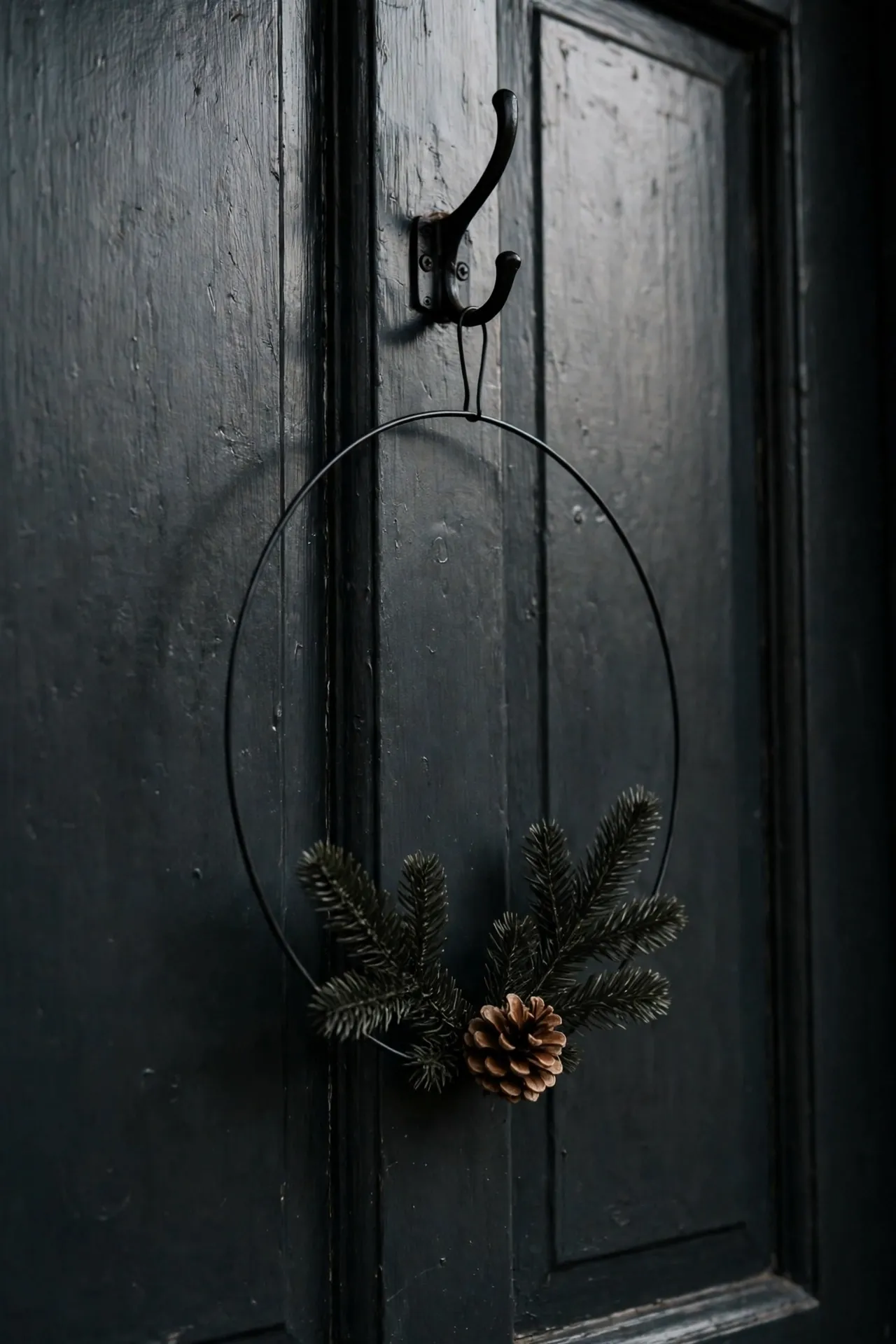 christmas wreath minimalist black metal hoop single cluster