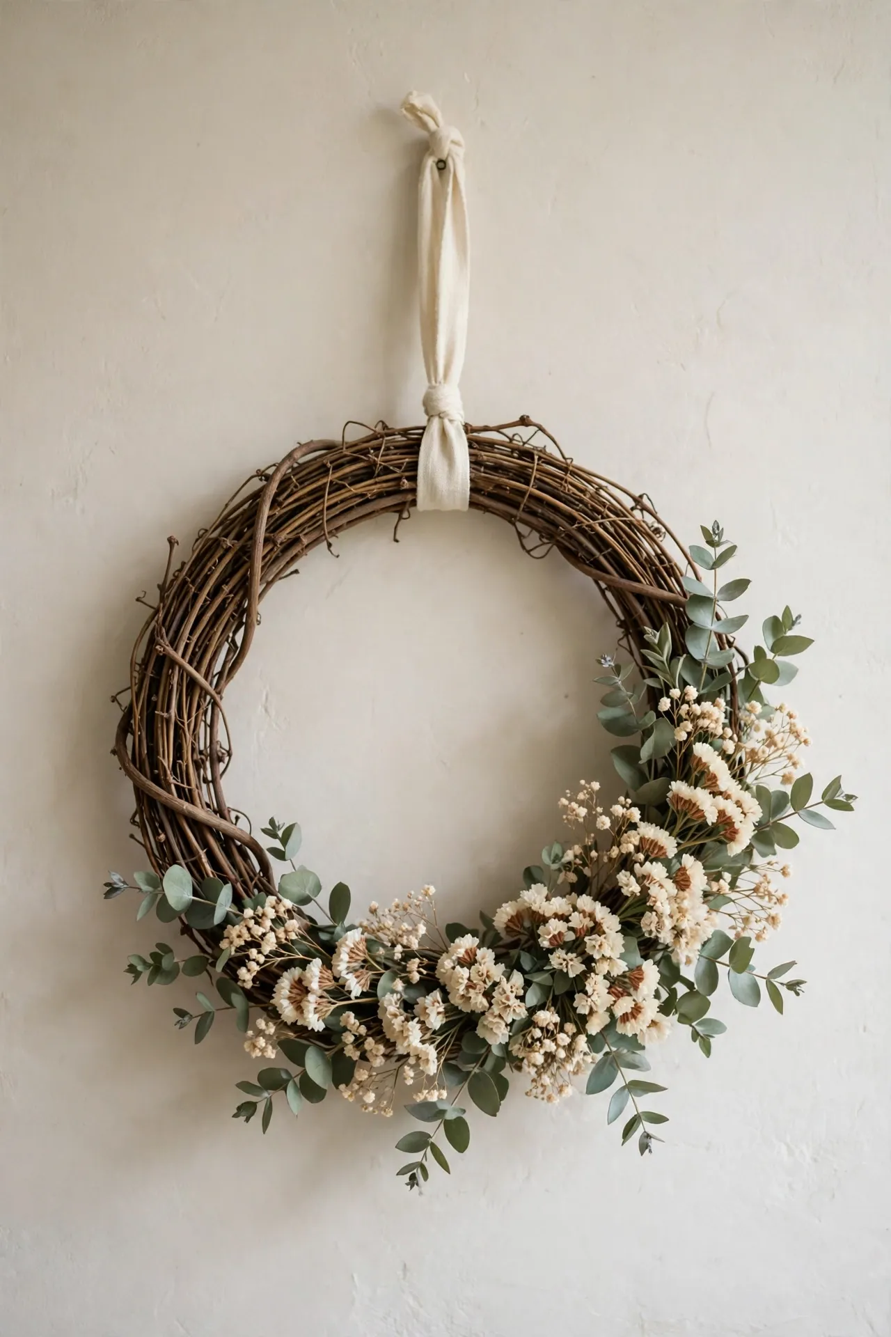 minimalist holiday wreath cream sage foliage