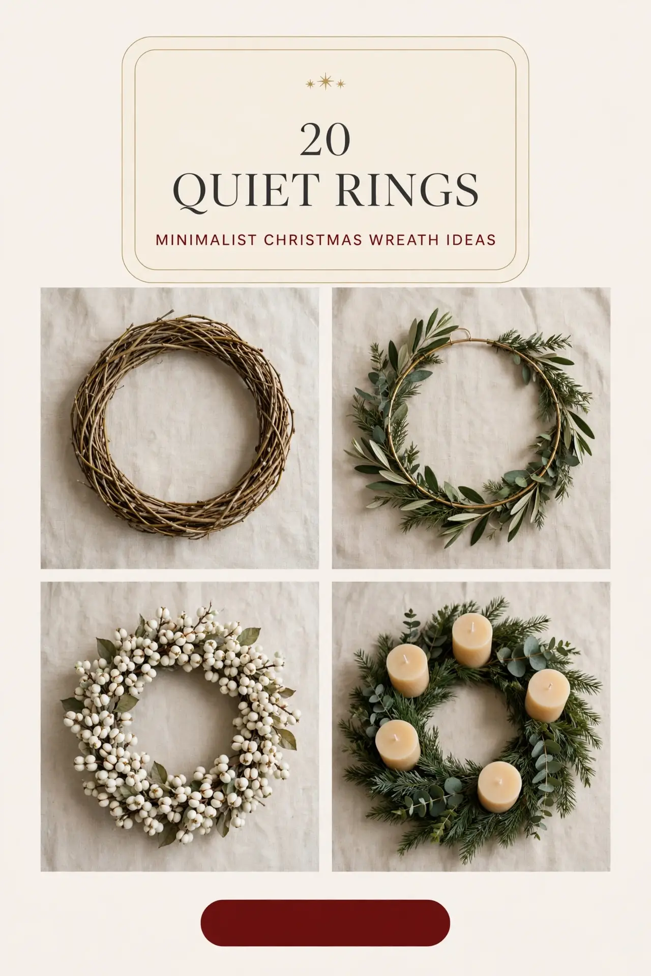 minimalist christmas wreath ideas collage of bare willow ring, brass hoop with greenery, white berry wreath and advent candles
