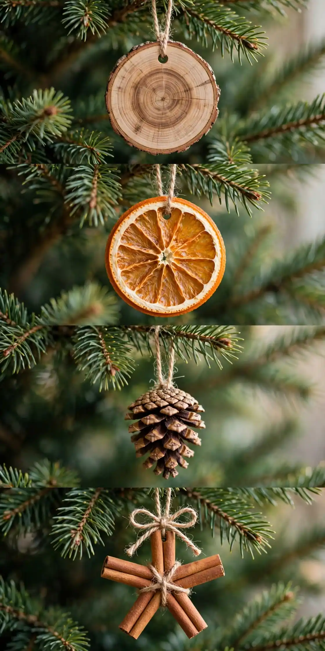 natural christmas ornament collage of wood slice ornament, dried orange slice, pinecone ornament and cinnamon star