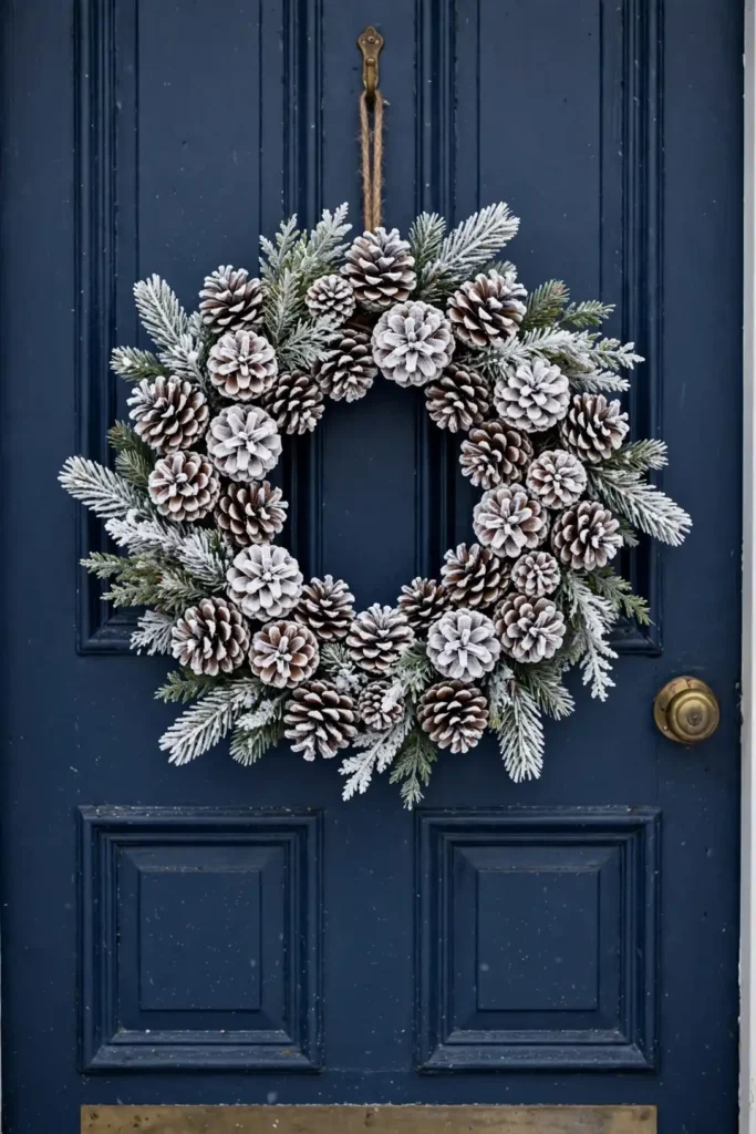 natural christmas wreath frosted pinecones snow
