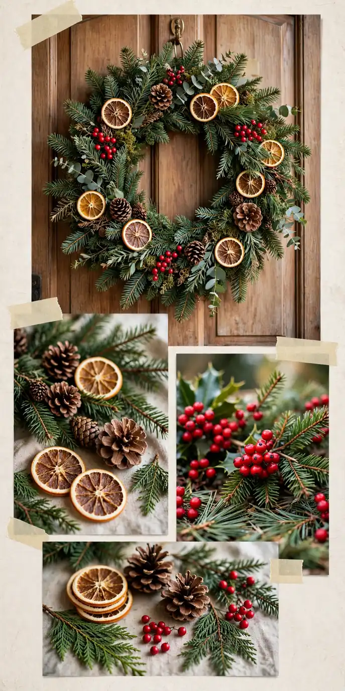 natural christmas wreath ideas collage of fresh evergreen wreath, pinecones, dried orange slices and red berries on a front door
