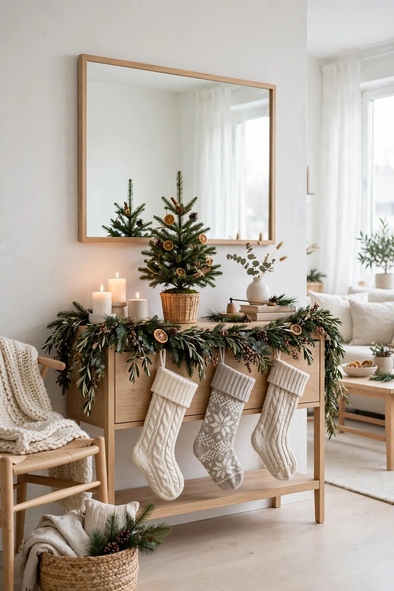console table styled as christmas mantel