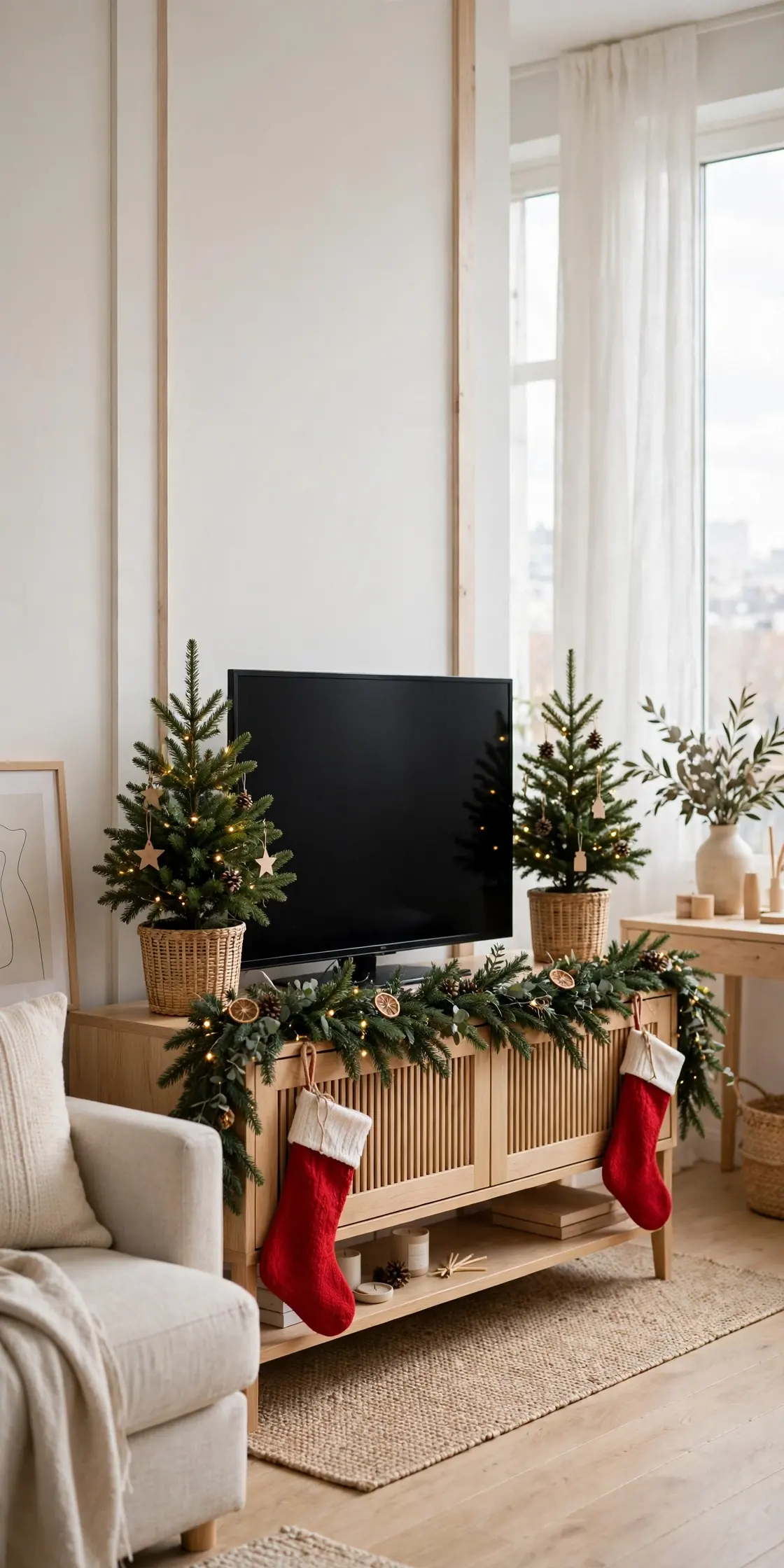 tv stand christmas decor garland stockings