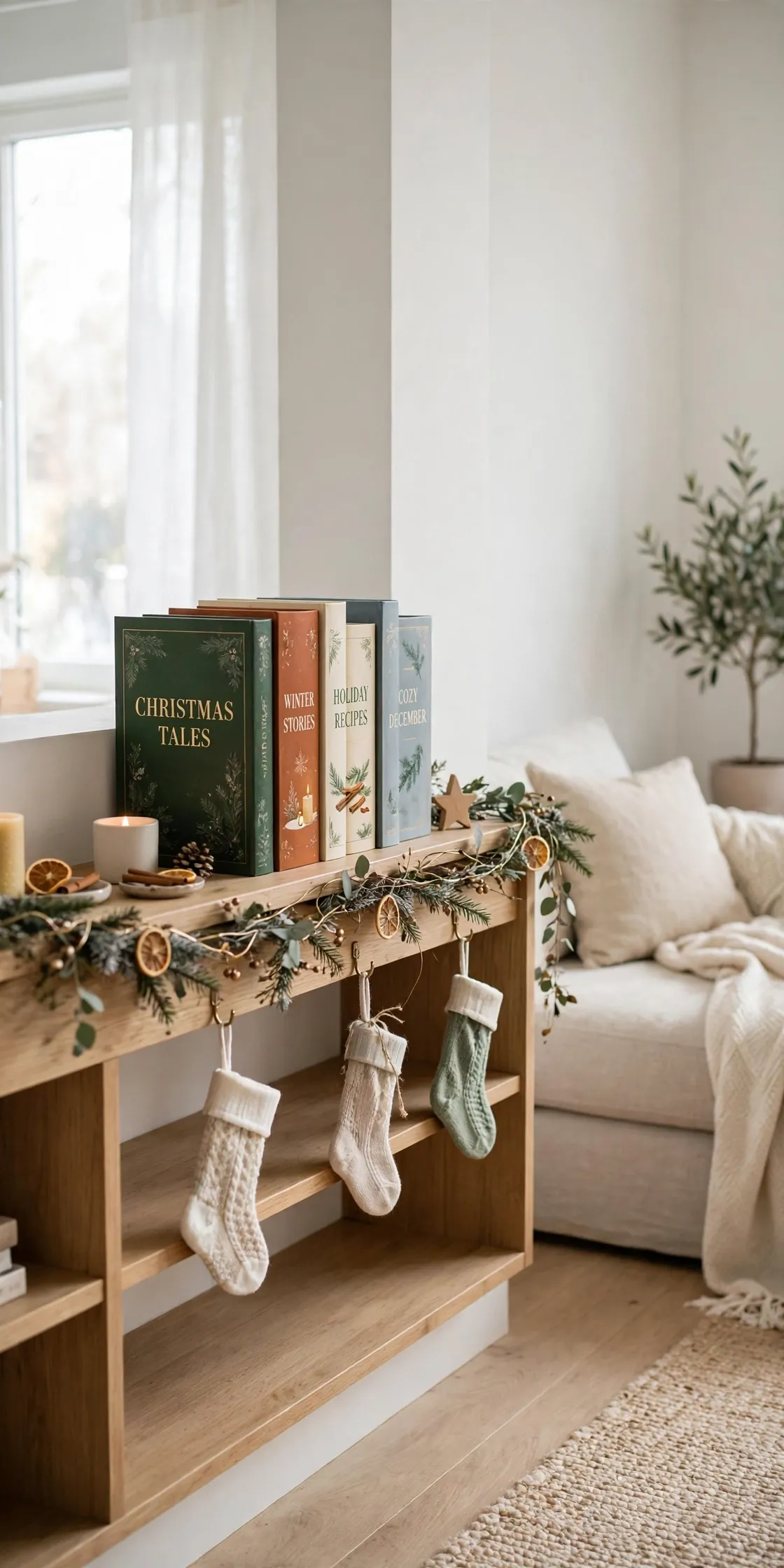 bookshelf ledge christmas mantel styling