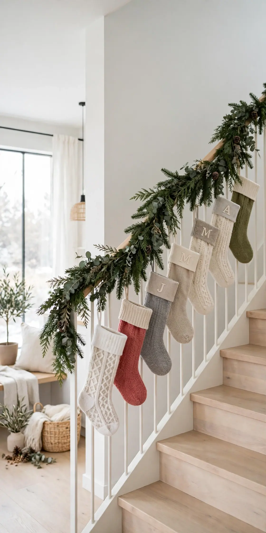 stockings hanging staircase railing garland