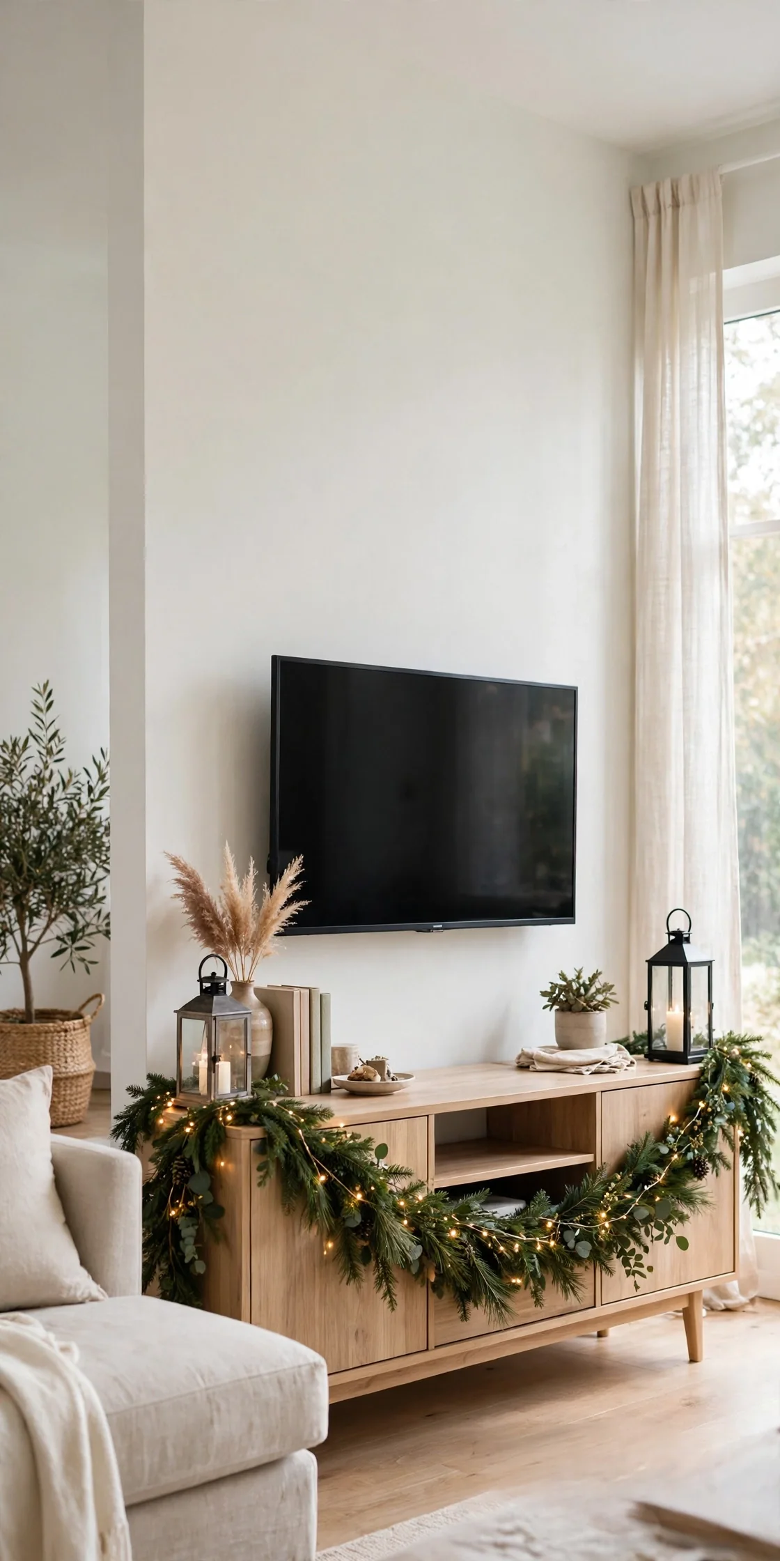 garland draped tv console front edge
