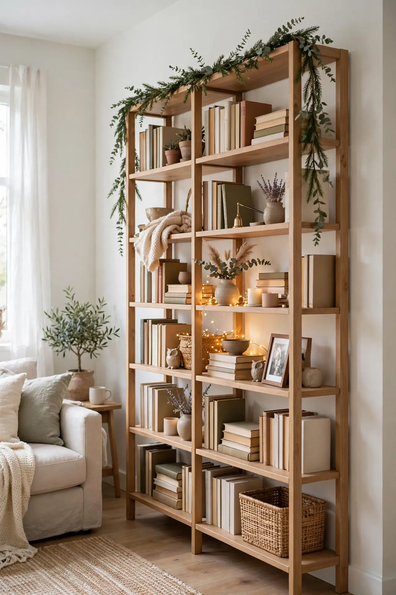 bookshelf garland fairy lights christmas shelves