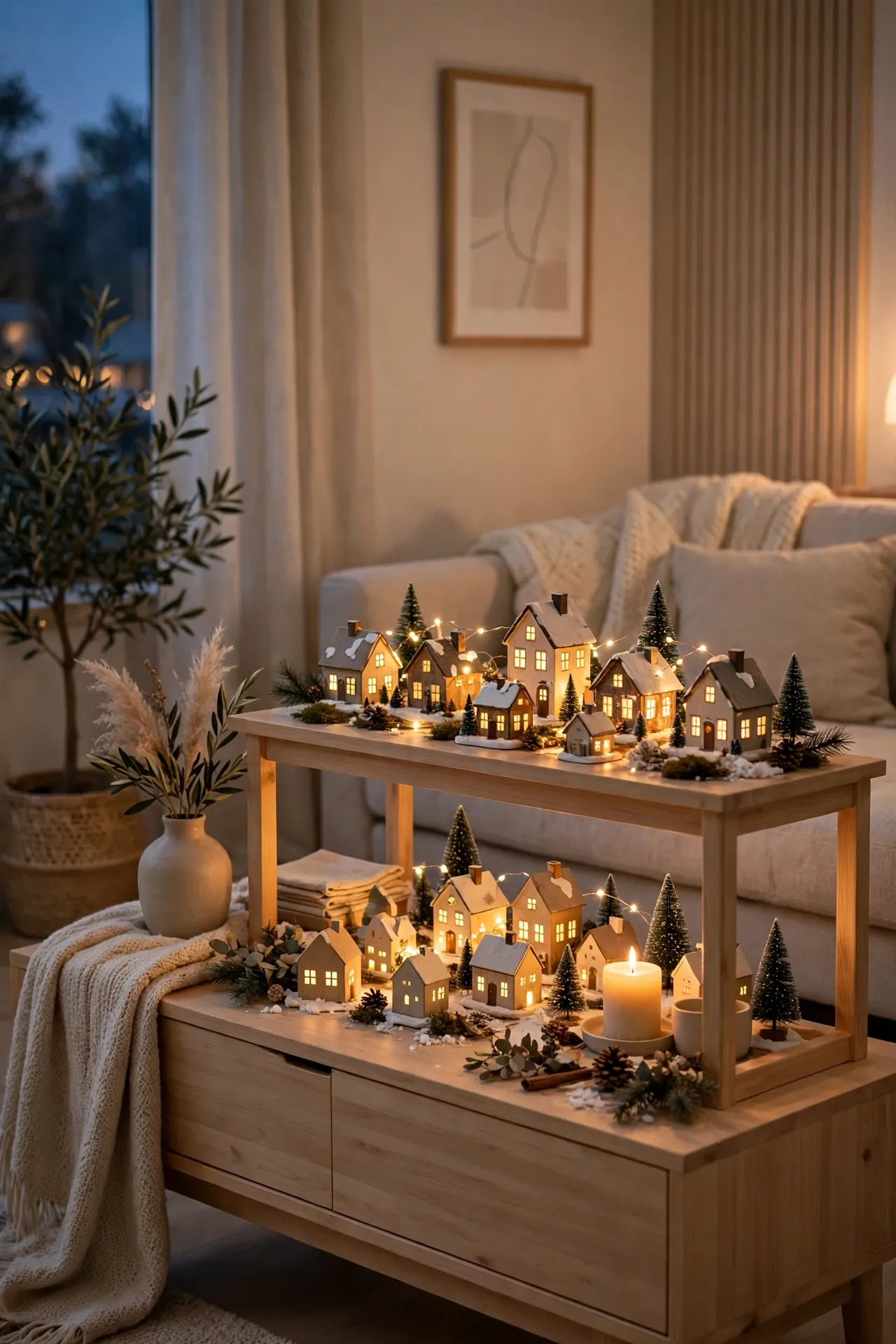 lighted christmas village sideboard display