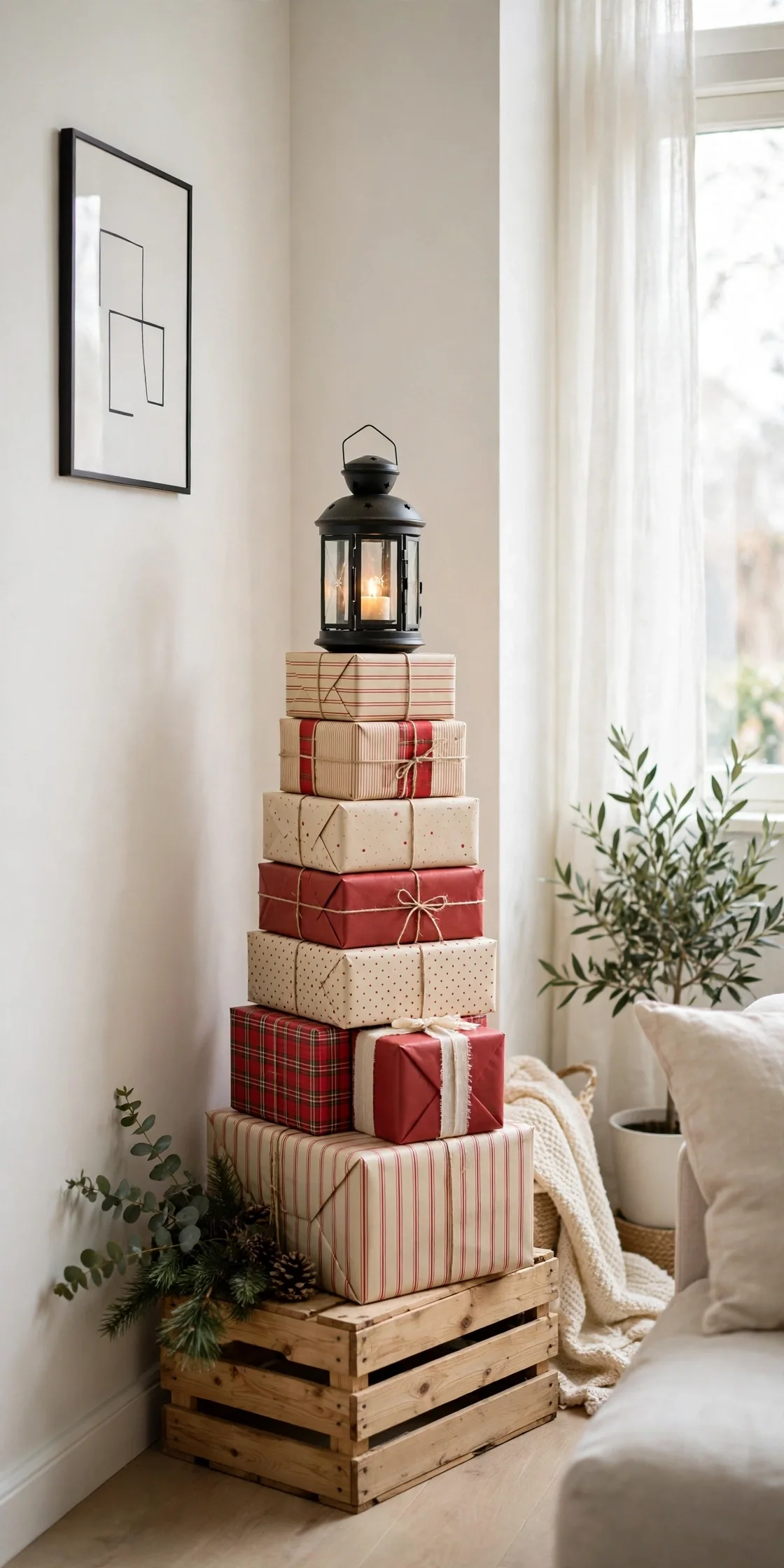 wrapped gift tower display christmas corner