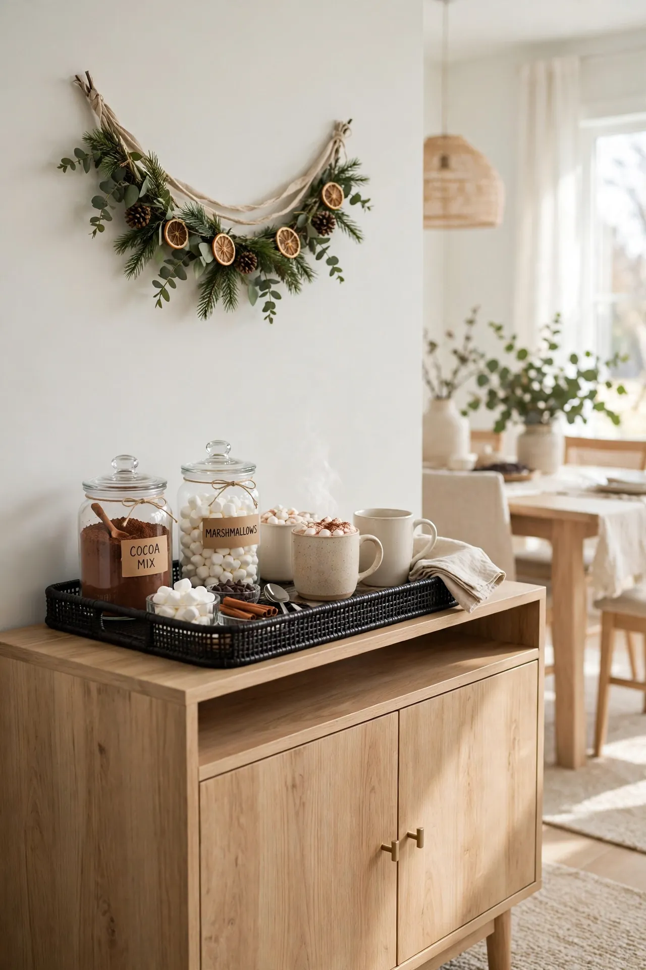 hot cocoa station sideboard christmas mugs