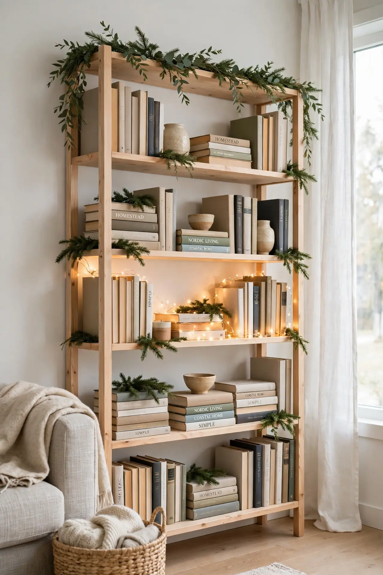 Greenery Along The Bookshelves christmas bookshelf garland decor