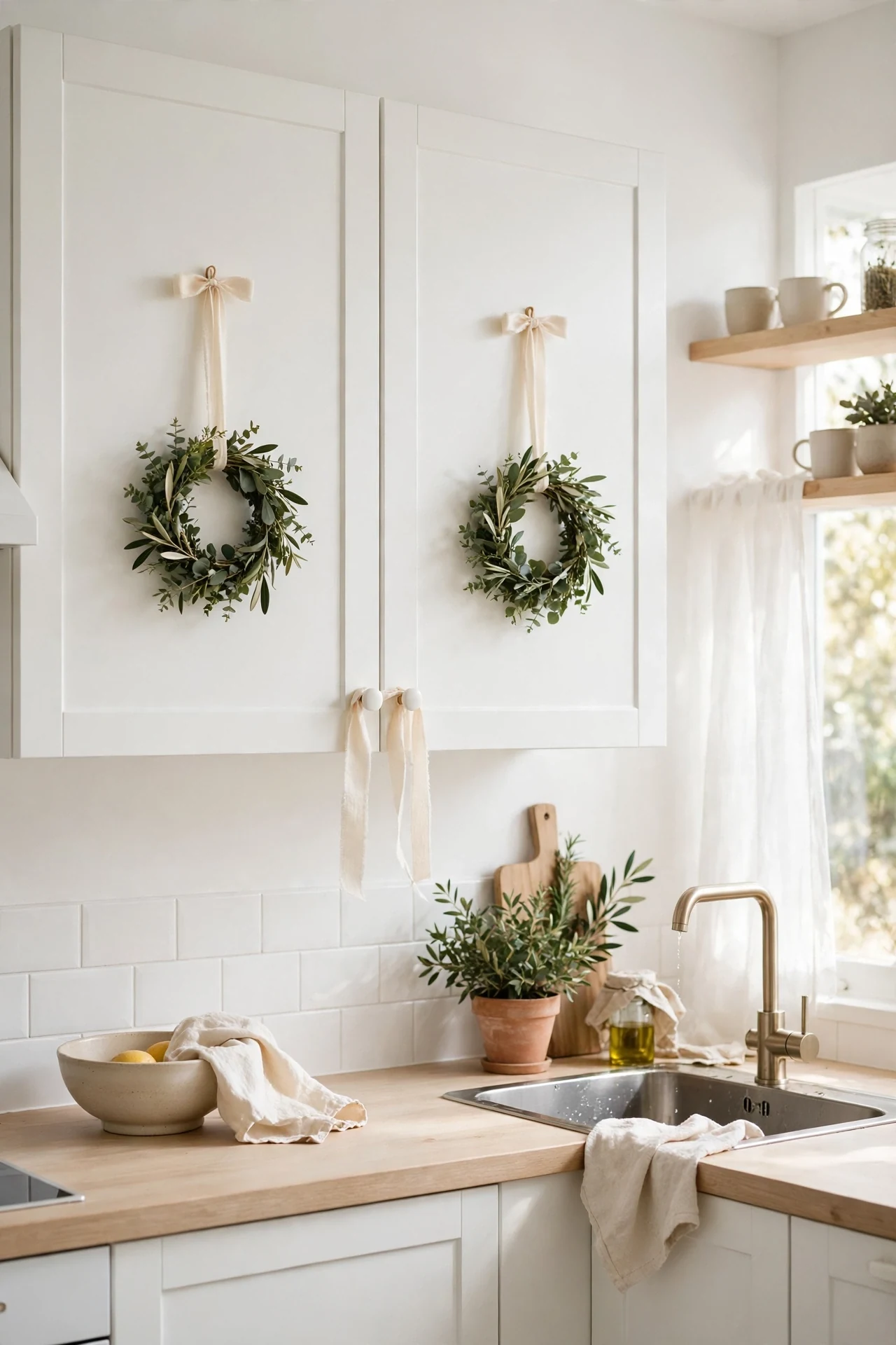 Mini Wreaths On The Kitchen Cabinets christmas mini wreaths kitchen cabinets