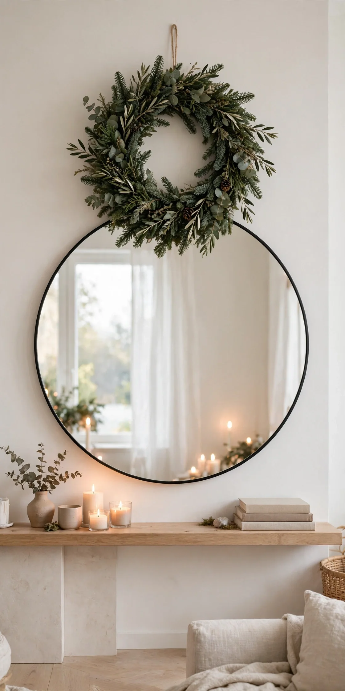 A Wreath Above The Mirror christmas wreath above mirror mantel