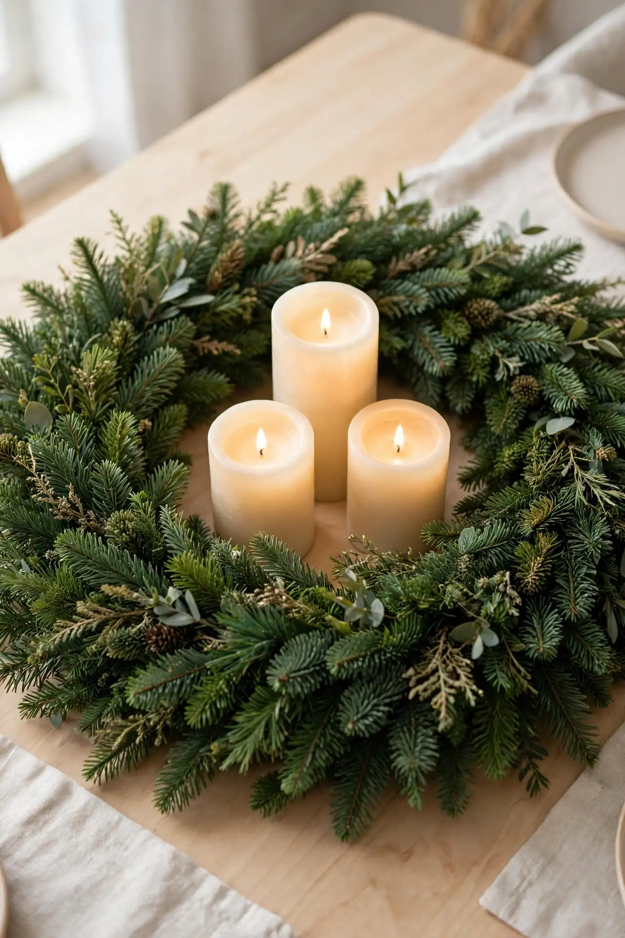 A Wreath Lying Flat As The Centerpiece christmas wreath centerpiece candles table